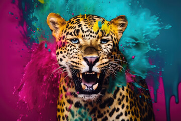 An vibrant photograph of a leopard splashed in bright paint, contemporary colors and mood social background, generative AI