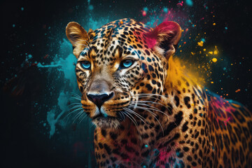 Fototapeta na wymiar An vibrant photograph of a leopard splashed in bright paint, contemporary colors and mood social background, generative AI