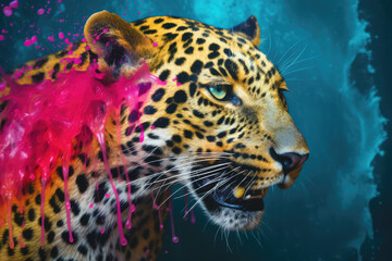 An vibrant photograph of a leopard splashed in bright paint, contemporary colors and mood social background, generative AI