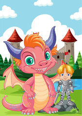 Cute Dragon with Knight Standing in Front of Castle