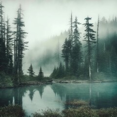 Lake surrounded by fog and trees