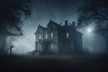 Old abandoned haunted house. Spooky Halloween house. Generative AI - obrazy, fototapety, plakaty