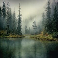 Lake surrounded by fog and trees