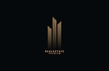 Real Estate line Logo Template Gold colored Vector Illustration