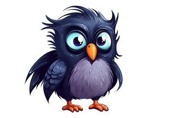Obraz premium baby raven on white isolated background. Cartoon character bird. Generative AI illustration