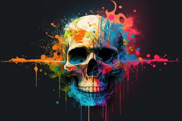 Fototapeta premium Beautiful abstract Human skull splashed in colorful paint concept, contemporary colors and mood social background, generative AI