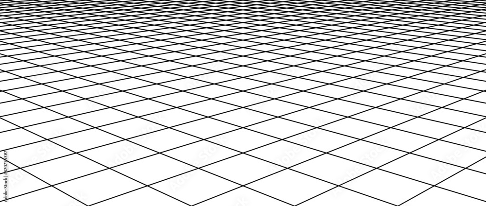 Poster diagonal wireframe grid. checkered tile floor landscape. horizontal chessboard plane in perspective.