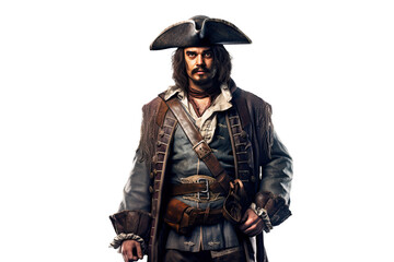 Fototapeta premium man bearded pirate in a hat on a white isolated background. Generative AI illustration