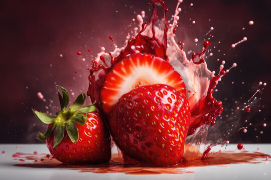 Beautiful photo strawberry splashed in bright paint, contemporary background, generative AI