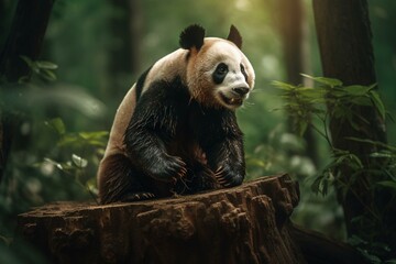 A joyful panda munching on bamboo atop a stump in a lush woodland. Generative AI