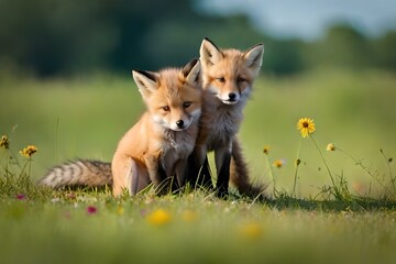 fox in the grass near sunflower
