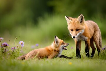 red fox playing in a field