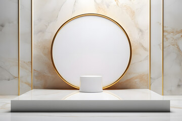 abstract minimalist geometric background, simple showcase scene with white hemisphere and golden glas ring, gold glasses round frame and liquid floor with reflection. Podium for product presentation