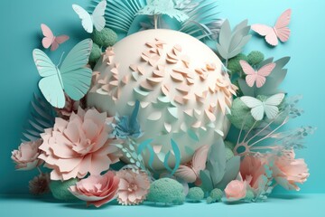 White ball decorated with paper flowers and butterflies