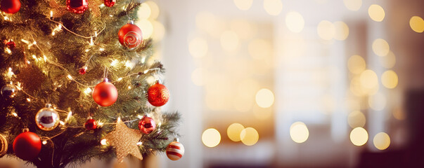 Fototapeta na wymiar Christmas holidays banner, tree, bokeh background