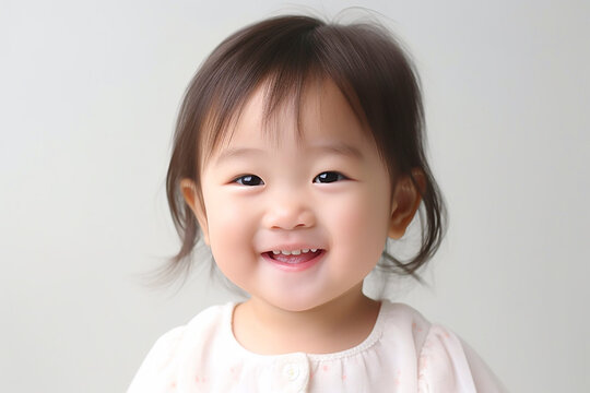 笑顔の3歳の女の子のポートレート　白背景　AI生成画像　ジェネレーティブAI