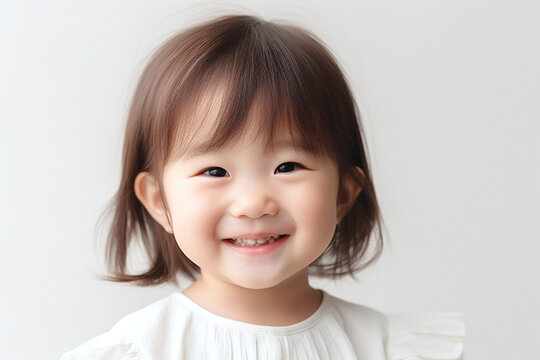 笑顔の3歳の女の子のポートレート　白背景　AI生成画像　ジェネレーティブAI