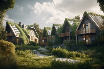 Concept art of environmentally friendly houses with green architecture. Generative AI