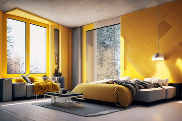 modern living room with sofa, modern living room with a window, a modern bedroom, modern architeture ,yellow color building structure,Ai Generate 