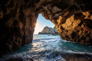 Fototapeta premium View of the paradise beach on the aegean coast of greece cave in the sea photography