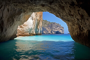 Fototapeta na wymiar View of the paradise beach on the aegean coast of greece cave in the sea photography