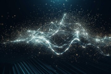 Digital waves with particles in a grid, resembling an atomic model. Generative AI