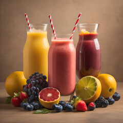 Fototapeta na wymiar a mixed fruit smoothie and a refreshing fruit punch shake, complete with a colorful fruit garnish. Beige background