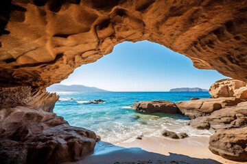 Obraz premium View of the paradise beach on the aegean coast of greece cave in the sea photography