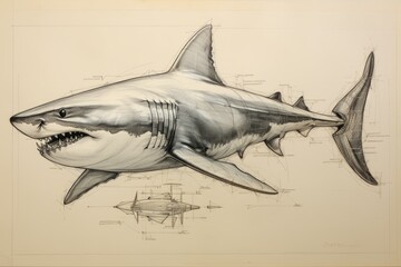 Drafting animal shark by pencil. Illustration style. Generative AI.