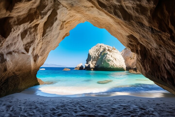 View of the paradise beach on the aegean coast of greece cave in the sea photography - obrazy, fototapety, plakaty