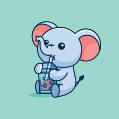 Cute elephant drink boba milk tea simple cartoon vector icon illustration animal drink