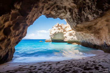View of the paradise beach on the aegean coast of greece cave in the sea photography