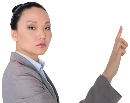 Digital png photo of serious asian businesswoman showing index finger on transparent background