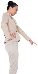 Digital png photo of happy asian businesswoman pointing finger on transparent background