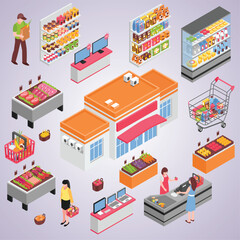 supermarket isometric set vector shop building cartoon with mini store symbols isolated vector illustration shopping mall icons set