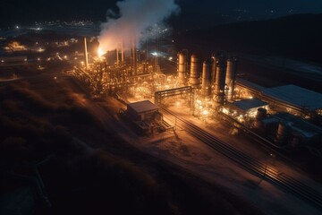 Factory producing gasoline near reservoir. Generative AI