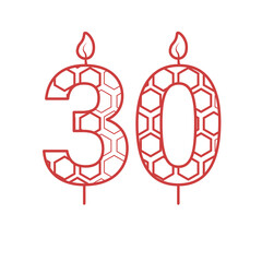Digital png illustration of red 30 birthday candle with pattern on transparent background