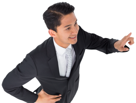 Digital png photo of happy asian businessman showing index finger on transparent background - Powered by Adobe