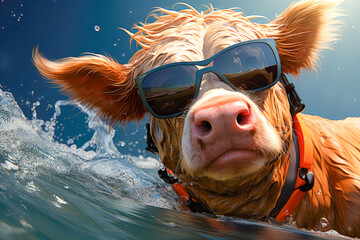 Cute cow wearing glasses swimming the beach in summer time and wave water background , Generative Ai