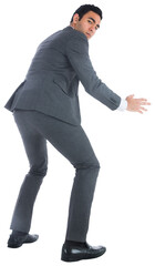 Digital png photo of back view of serious asian businessman holding on transparent background