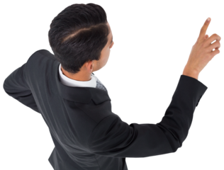 Digital png photo of view from above asian businessman showing with finger on transparent background