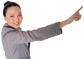 Deurstickers Aziatische plekken Digital png photo of happy asian businesswoman showing index finger on transparent background