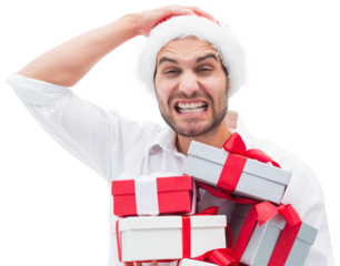 Digital png photo of angry caucasian man in santa's hat holding gift on transparent background