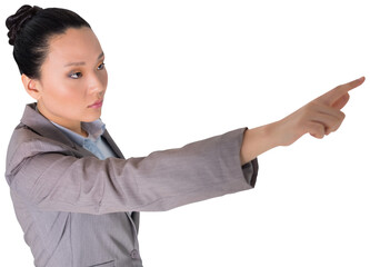 Digital png photo of focused asian businesswoman pointing finger on transparent background