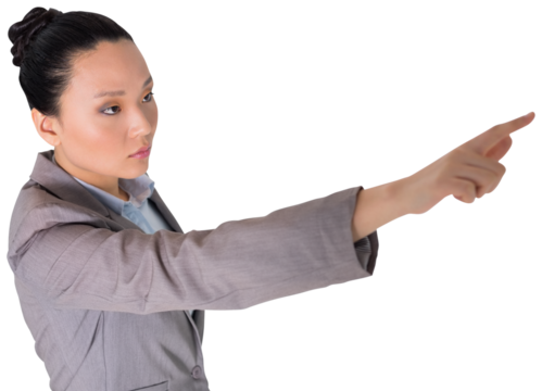 Digital png photo of focused asian businesswoman pointing finger on transparent background
