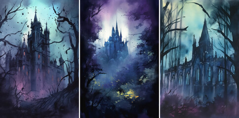 Watercolor composition with dark gothic castle and  forest