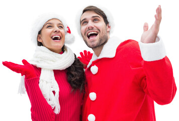 Digital png photo of happy caucasian woman and man with santa hat on transparent background - Powered by Adobe