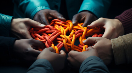 Collective Effort Integration and Unity with teamwork concept as a business ropes connected together. Generative Ai