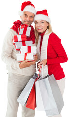 Digital png photo of happy caucasian couple in santa hat on transparent background