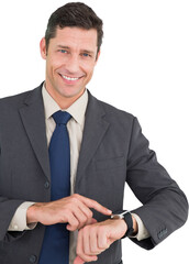 Digital png photo of happy caucasian businessman pointing at watch on transparent background
